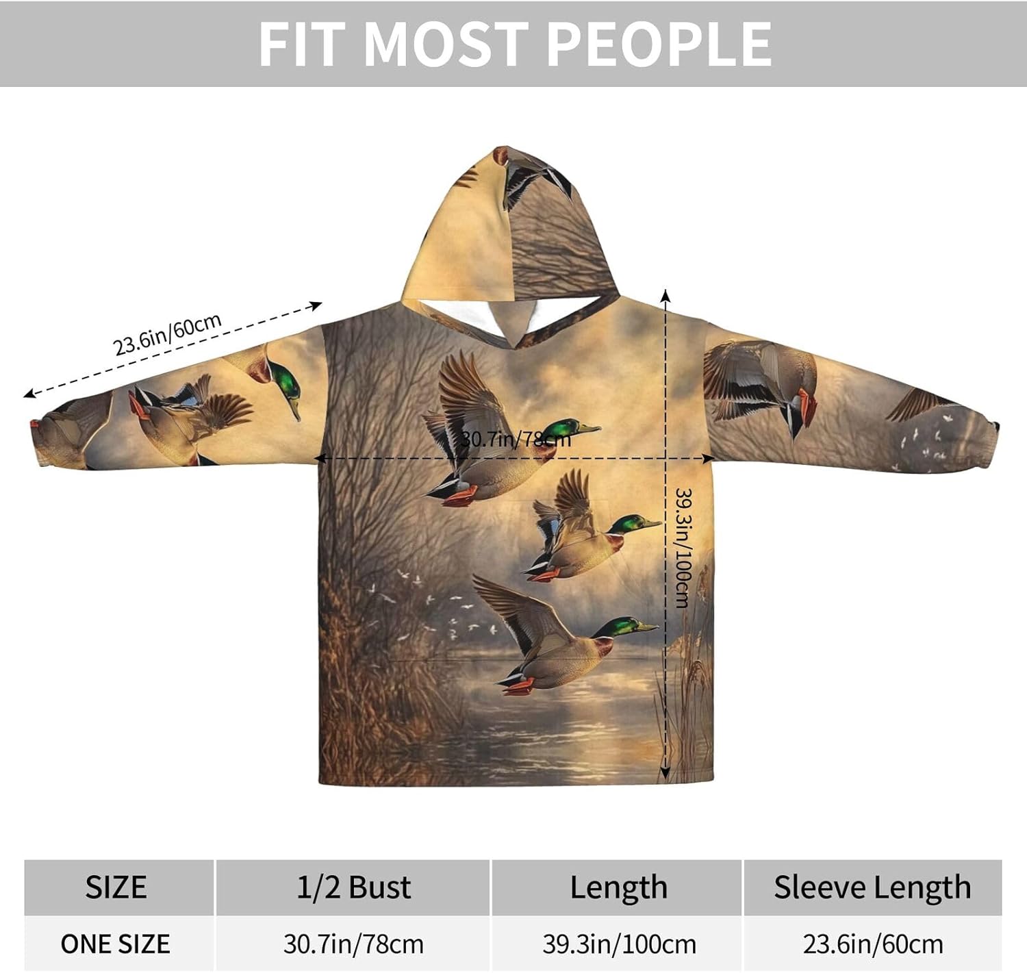 Flying Mallard Ducks Print Blanket Hoodie Fleece Sweatshirt Blanket With Sleeves And Pockets