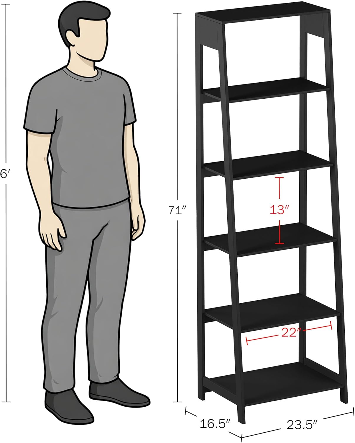 Lavish Home 5-Tier Ladder Bookshelf - Modern Freestanding Wooden Bookcase with Leaning Look Frame Design - Display Shelves for Books, Décor, and Storage in Home, Living Room or Office (Black)