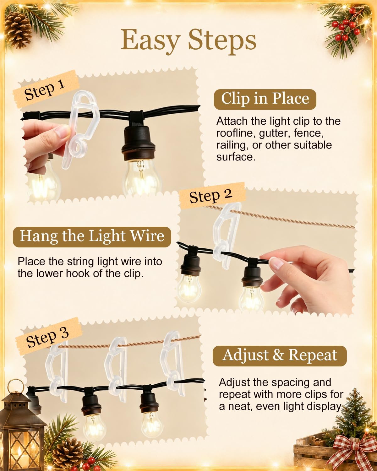 120 Pack Christmas Light Clips, Outdoor Gutter Hooks | Reusable No-Tool Plastic Hangers for C7 C9 Icicle String Lights, Shingles, Eaves, Rooflines, Fence & Holiday Decor