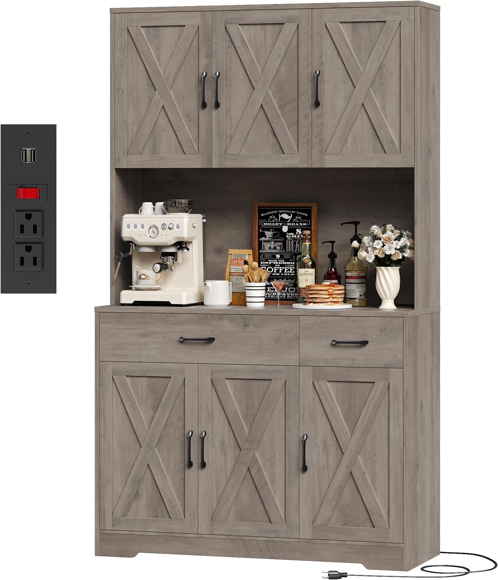 HOSTACK 71" Pantry Cabinet with Charging Station, Tall Kitchen Pantry Storage Cabinet with Microwave Stand, Farmhouse Kitchen Hutch with Storage Drawers for Living Room, Dining Room, Ash Grey