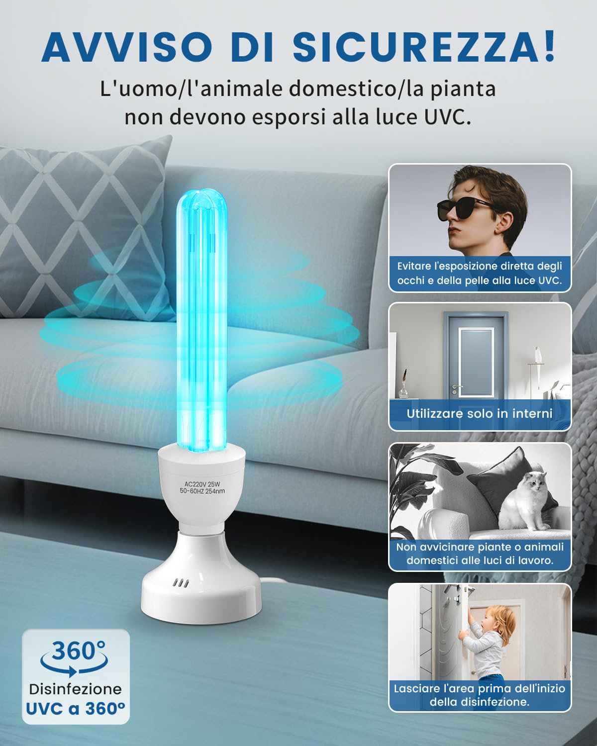 Lampada UV Ozono E27 25W con telecomando e timer, Lampada Germicida Raggi UVC 254nm con Tubo al Quarzo Brine Ozono Contro Batteri Virus e Acari per Case, Uffici, Ristoranti e Scuola