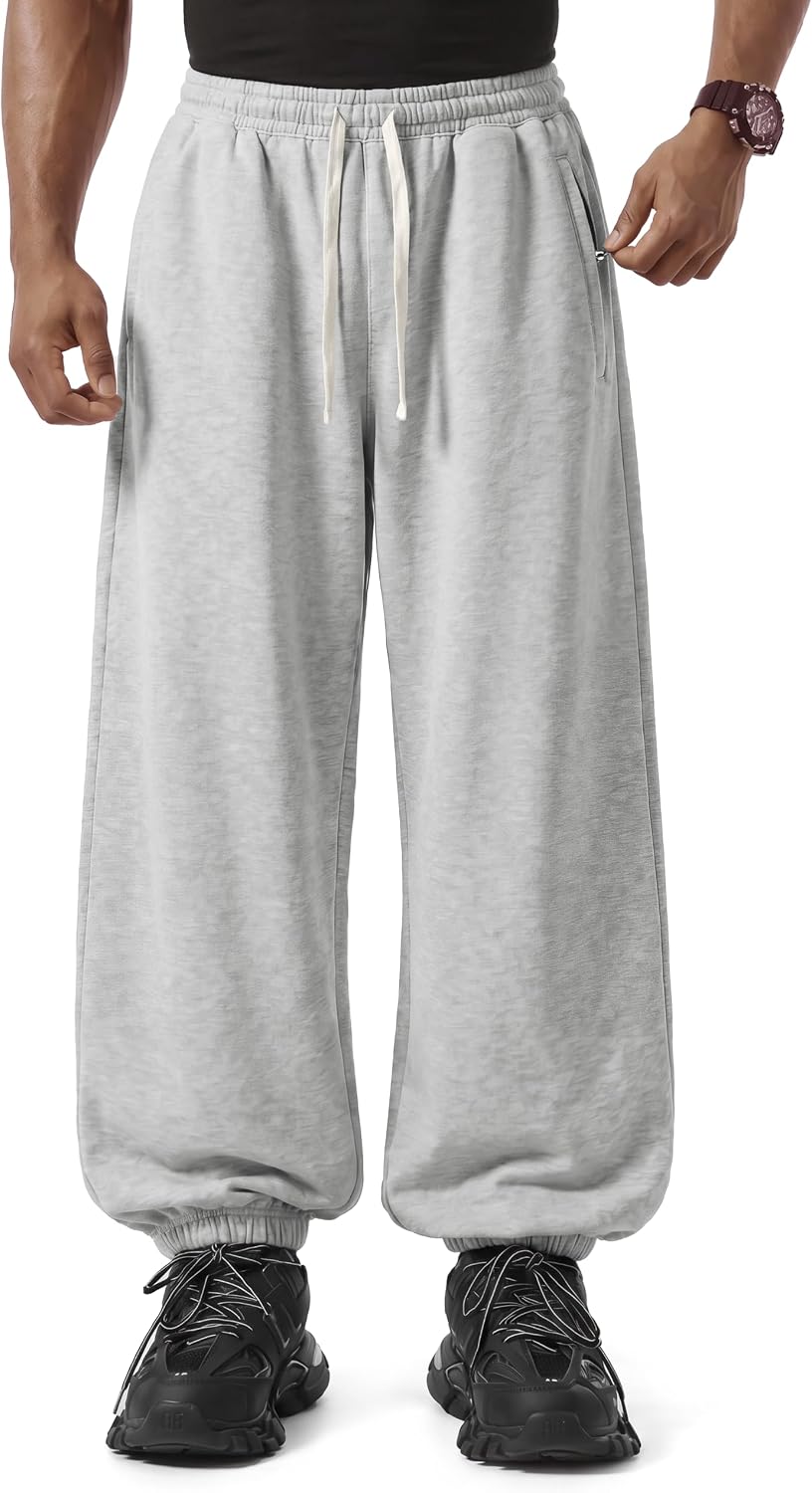 Baggy Sweatpants Men, Athletic Fit Gym Joggers Zipper Pocket Straight Cuffed Loose Cotton Lightweight Workout Pants