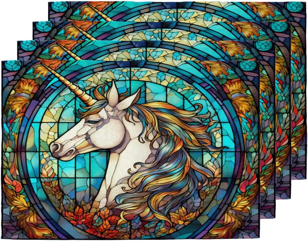 Placemats Set of 6 Animal Unicorn Glass Painting Heat Resistant Place Mats,Non-Slip Wipeable Dining Table Mats,Flax Cloth Placemats Washable Placemats for Kitchen Dining Table Indoor Outdoor
