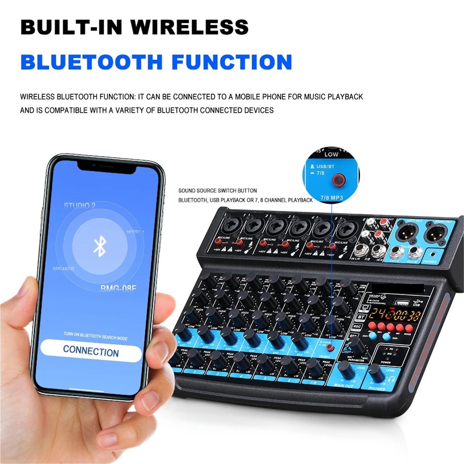 Kontrolery DJ-skie, Konsola dźwiękowa DJ-a 8-kanałowy mikser mikser liniowy DC 5 V z MP3 Bluetooth 48 V 24 efekty DSP nagrywanie USB do nagrywania studyjnego