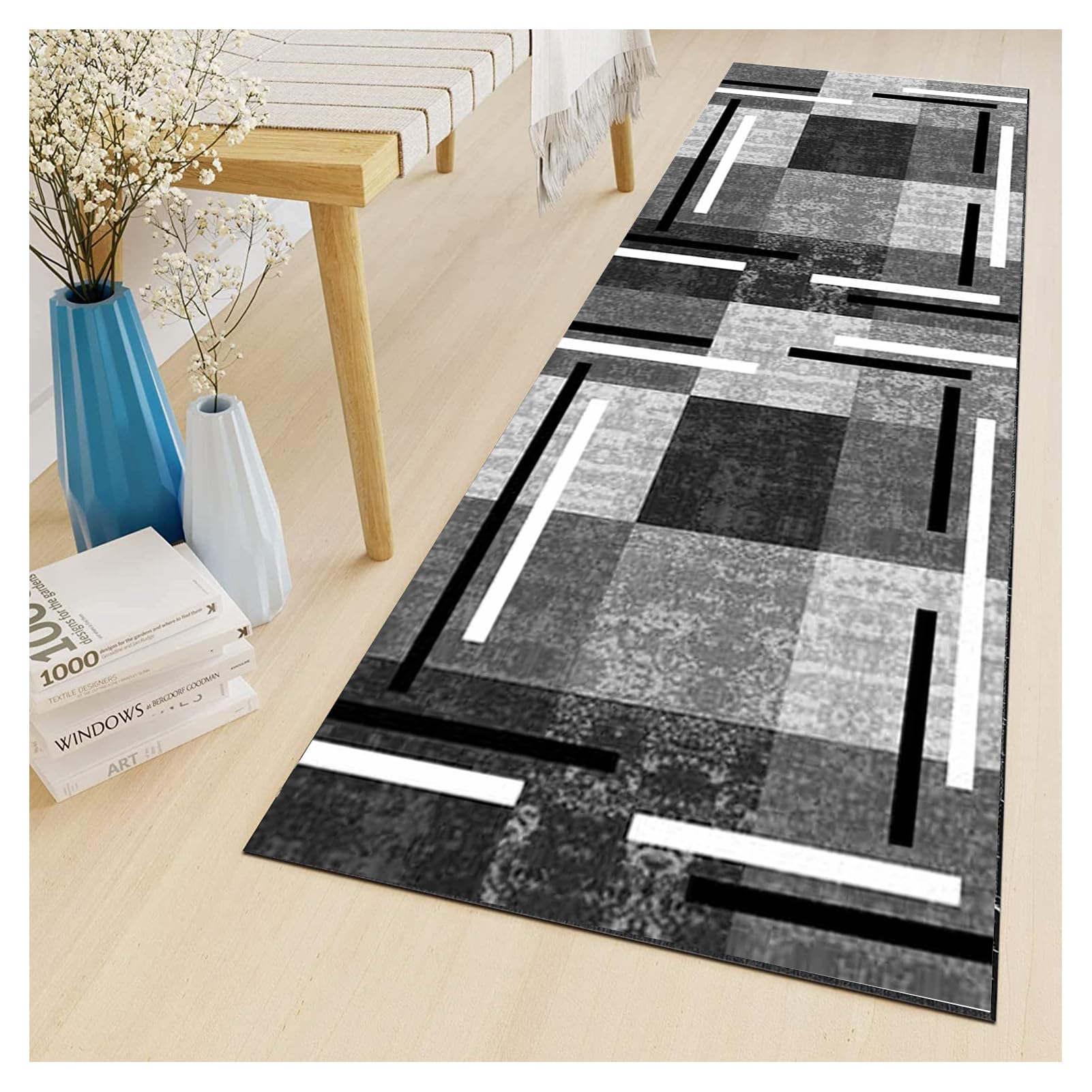 Nowoczesny geometryczny dywanik 120 x 150 cm antypoślizgowy czerwony/szary stylowy patchworkowy design idealny do kuchni, przedpokoju, salonu, biura i wejścia - dywan na płytki / podłogi drewniane