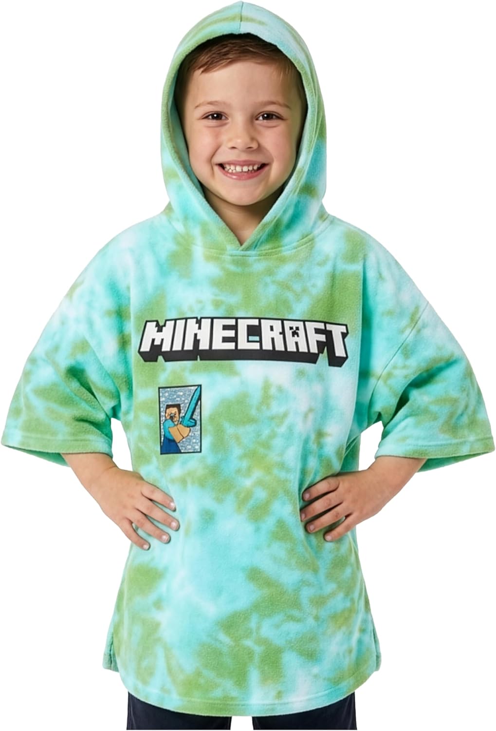 Minecraft Towelling Poncho Kids Teens Hooded Bath Towels Absorbent Beach Towel (Green/Black, 6-14 Years)