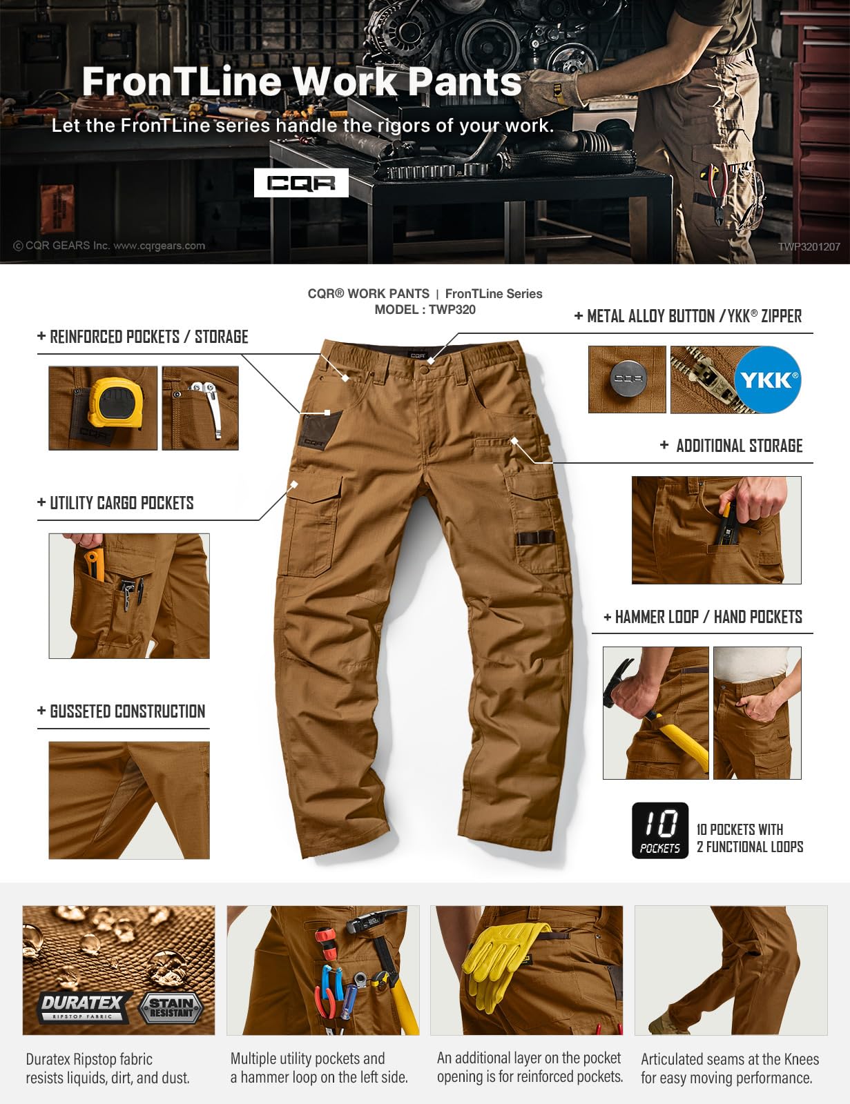 CQR Men's Quick Dry Work Pants, Water Resistant Outdoor Tactical Pants, Lightweight Stretch Cargo Hiking Pants — view 7