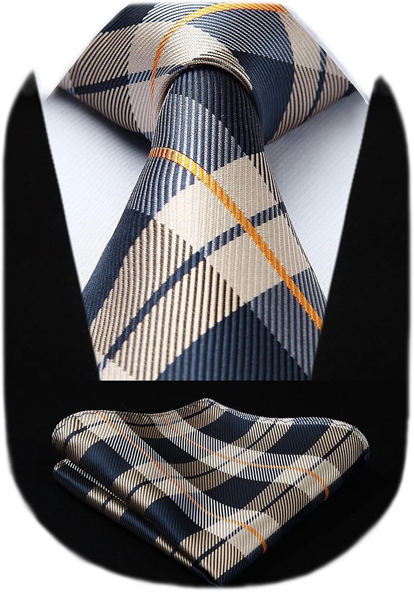 Ties for Men Silk Extra Long Tie and Pocket Square Classic Plaid Checkered 63 inches Men's Neckties Business