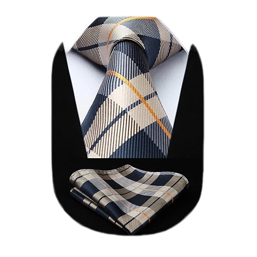HISDERN Gravatas masculinas de seda extra longa e bolso quadrado xadrez clássico xadrez 160 cm gravatas masculinas negócios
