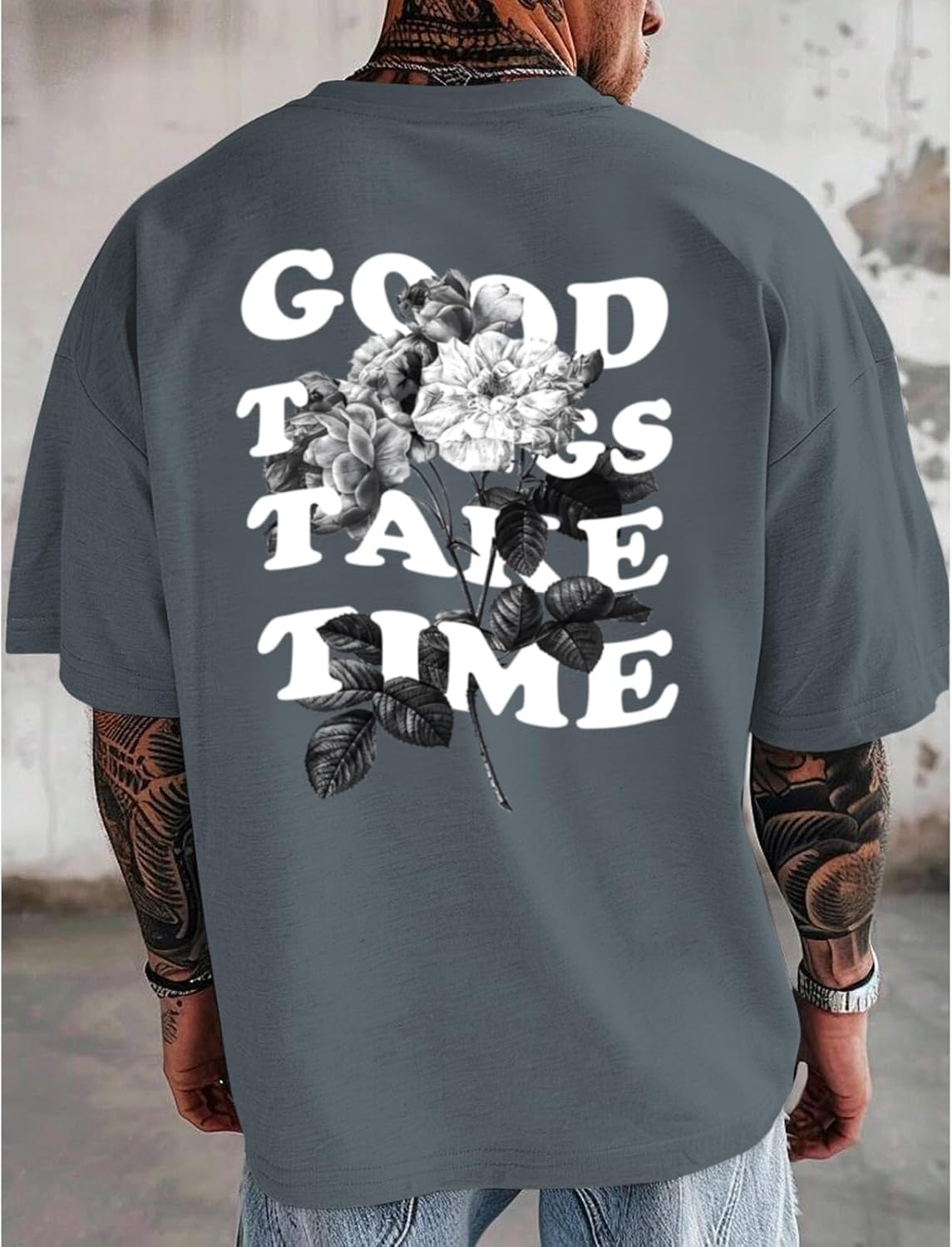 Vintage Graphic Tees for Men Oversized Floral Letter Print Retro Streetwear T Shirts Casual Loose Fit Cotton Tops - Image 3
