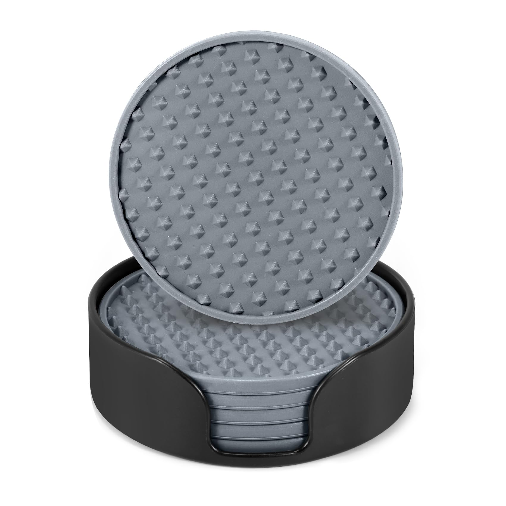 Keilend Silicone Coasters Set of 6, Non-Slip Drink Coasters with Holder, Star Pattern Thick Cup Mats for Hot & Cold Drinks, Perfect for Home, Bar, Office - Grey