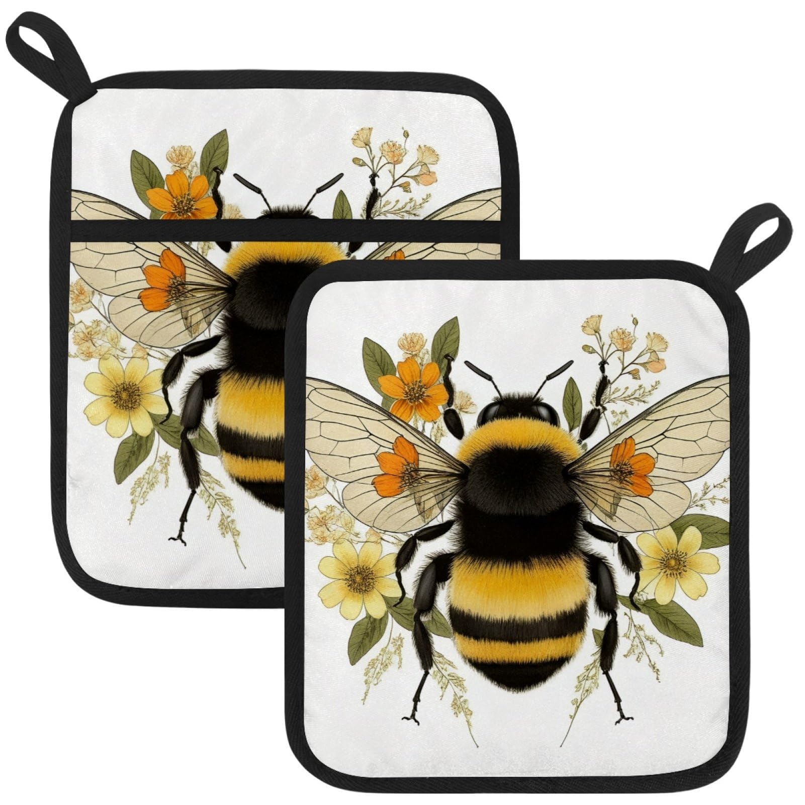 VAPOKF Bee Pot Holders with Pocket for Kitchen Heat Resistant Potholders Large Polyester-Cotton Square Oven Mitts Set