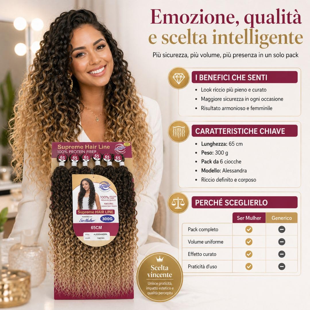 Extension Capelli Ricci e Mossi a Tessitura in Bioproteina, 300 gr, 100% Aspetto Naturale - Hair Texture IDEALI per Styling Ricci, Ondulati, Volume Naturale, 6x65 cm, ALESSANDRA (Dark Brown)