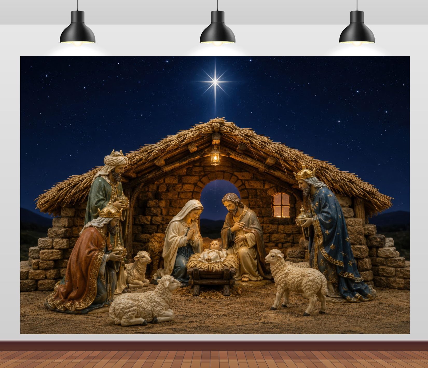 BELECO 3.6x3m Sfondo in tessuto Natività notte stellata e presepe