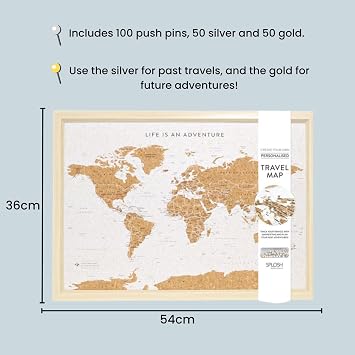 Splosh Framed Travel Map - White Small Wooden Pin Board with 100 Pins. Cork Board. Wooden World Map Cork Board, Corkboard Wooden Map of the World Travel Gift. Mark your fast & future adventures!