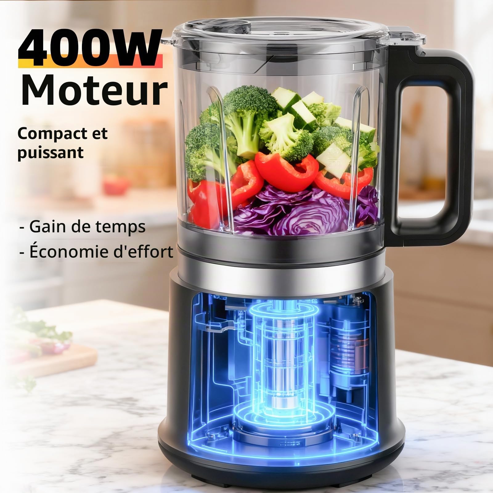 Hachoir électrique | Hachoir électrique 400 W à 2 vitesses | 4 lames en acier inoxydable à deux niveaux et fouet | Récipient amovible de 0,95 L pour hacher, mélanger et émulsionner