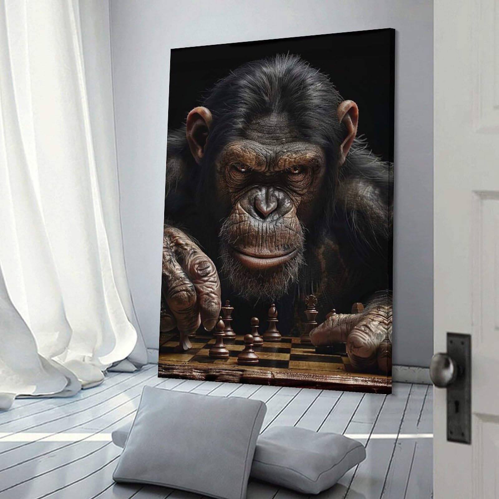 Junmoney Chimpanzee Chess Wall Art Print, 20x30inch(50x75cm), for Wall Displays, Bedrooms Or Room Updates, A Versatile Canvas Print for Layering