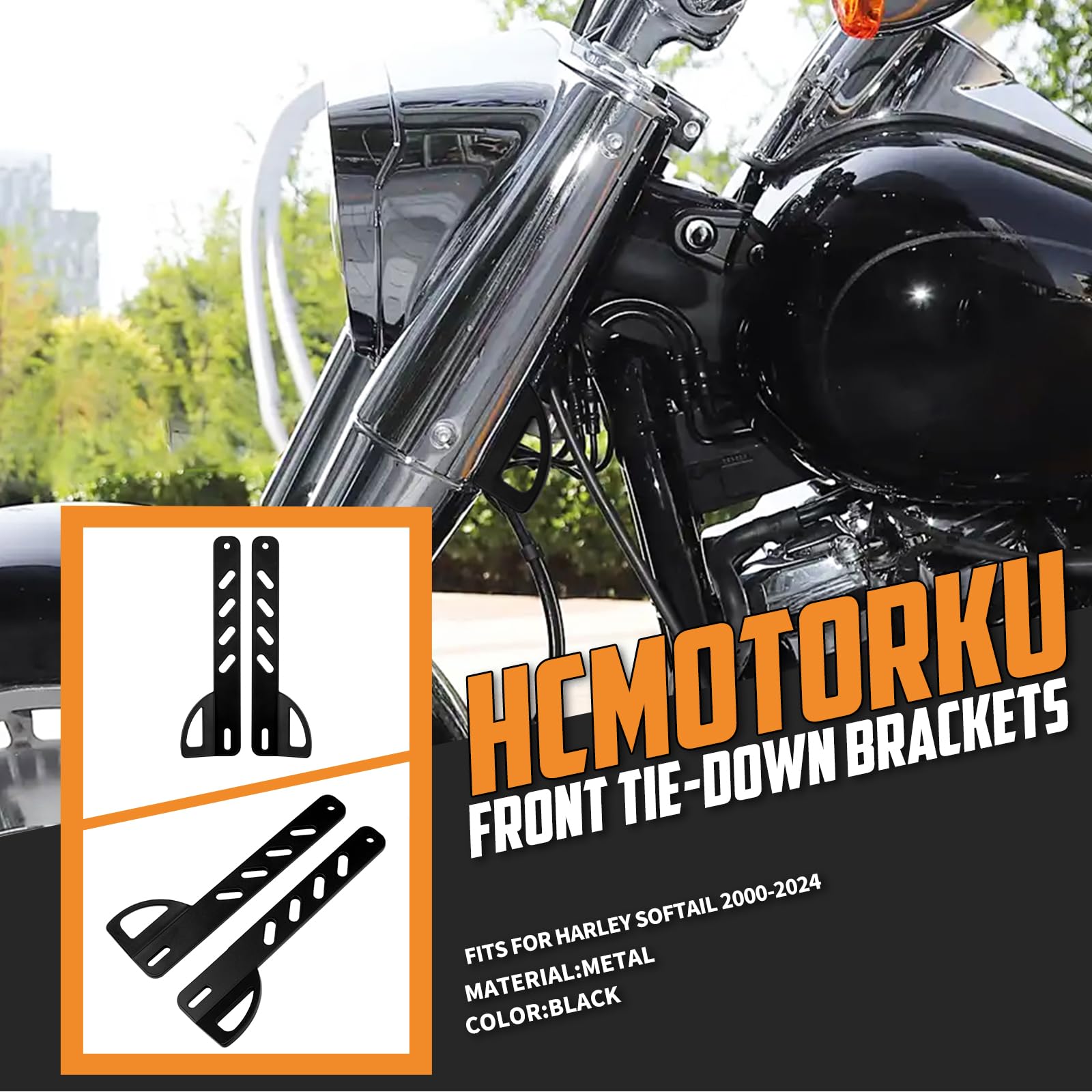 HCmotorku Motorcycle Front Tie Down Bracket Front Fork Trailer Holder Fit for Harley Softail Breakout Fat Boy Standard Slim FLFB FXBB 2000-2024 (Black)