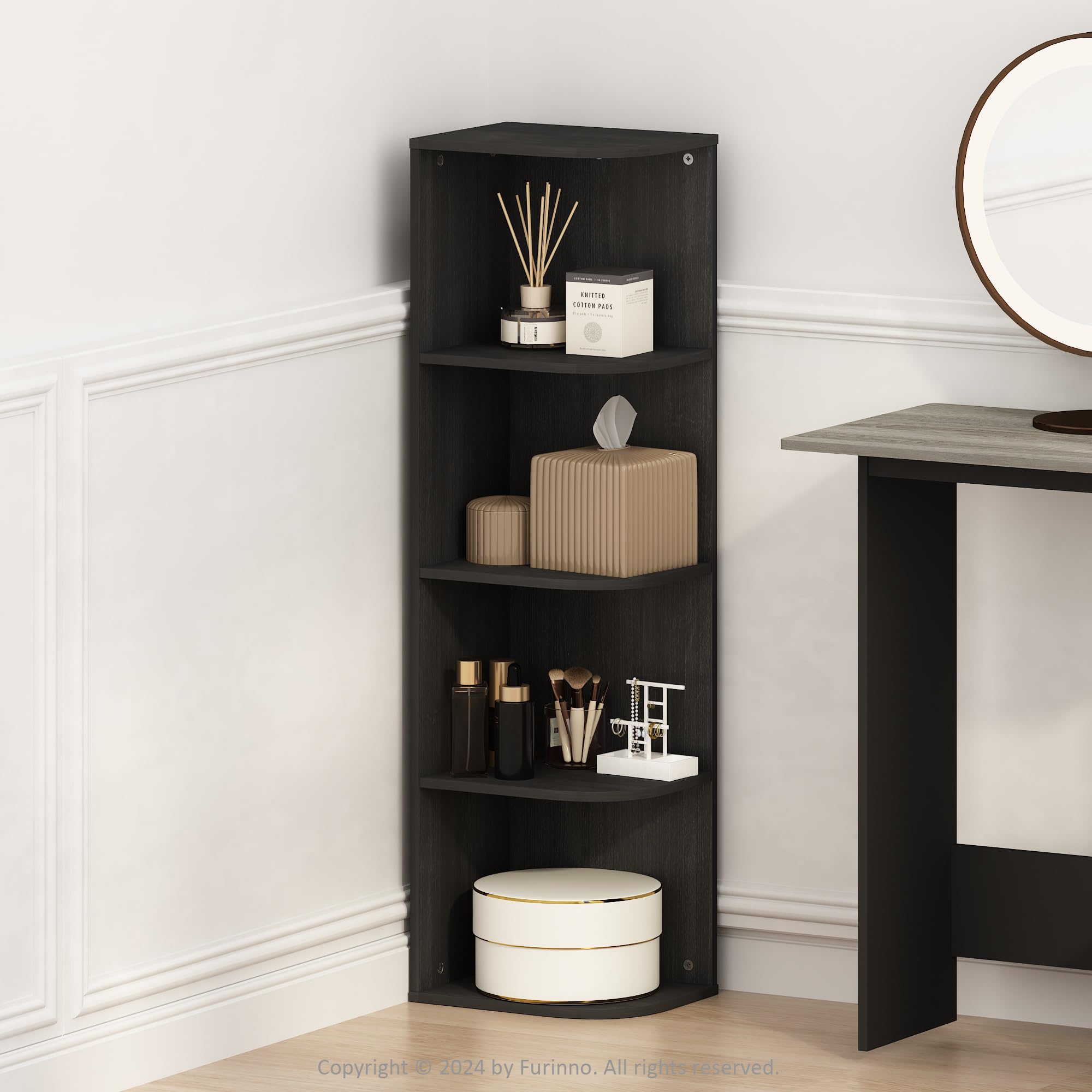 Furinno Reed Corner Shelf, 4-Tier Corner Bookshelf, Book Shelf, Corner Shelves, Storage Rack, for Organization and Storage, Home Office, Living Room, Blackwood