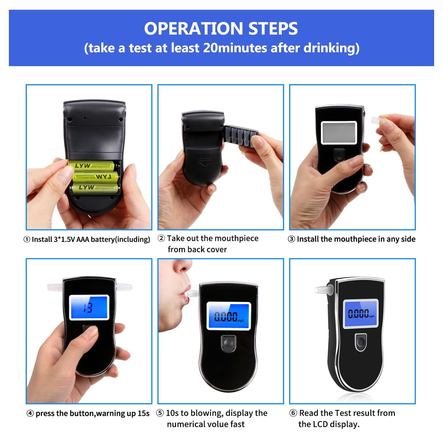 Alkoholtester Digital mit LCD Display, Tragbarer Atemalkoholtester mit Halbleiter-Sensor, Schnelles Alkoholmessgerät mit 20 Mundstücken, Kompakter Promille Tester für Zuhause und unterwegs