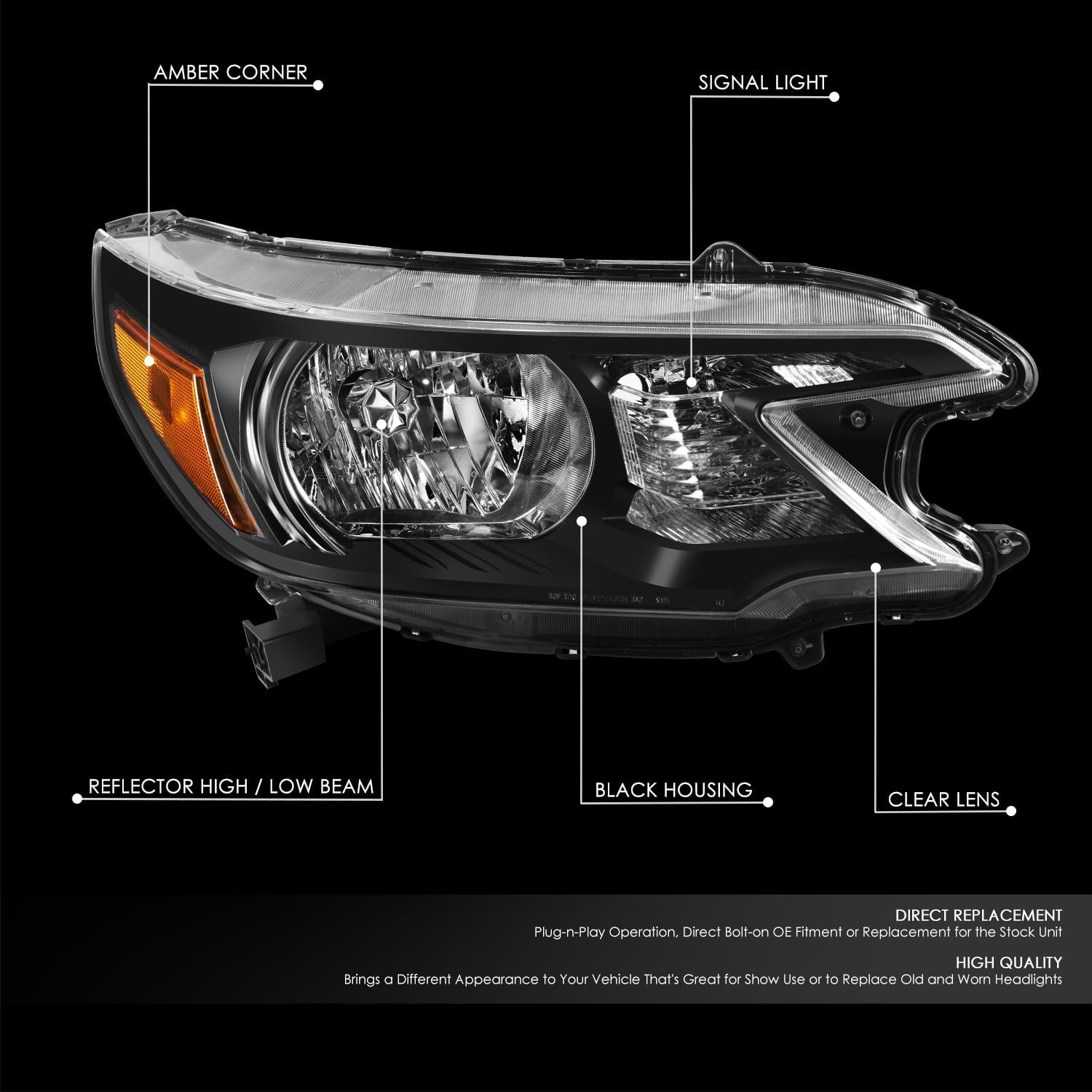 DNA MOTORING Right OE Style Headlight Compatible with 2012-2014 Honda CR-V, OEM-HL-0227-R