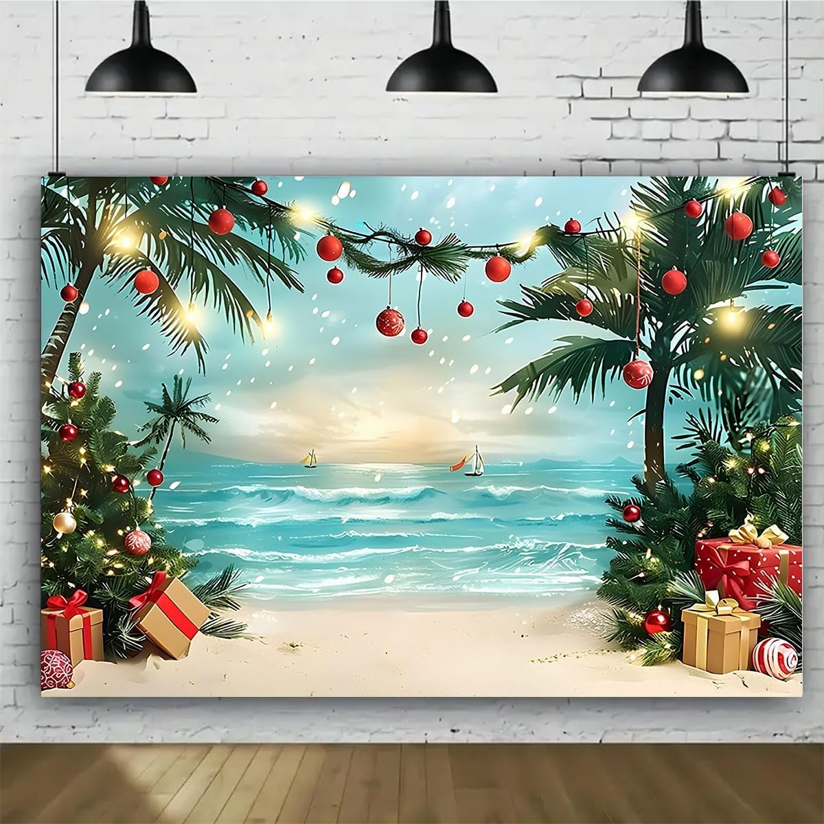 Beach Christmas Tree Backdrop Photography Summer Beach Christmas Tree Decoration Tropical Xmas Palm Leaves Blue Sky Ocean Background Family Holiday