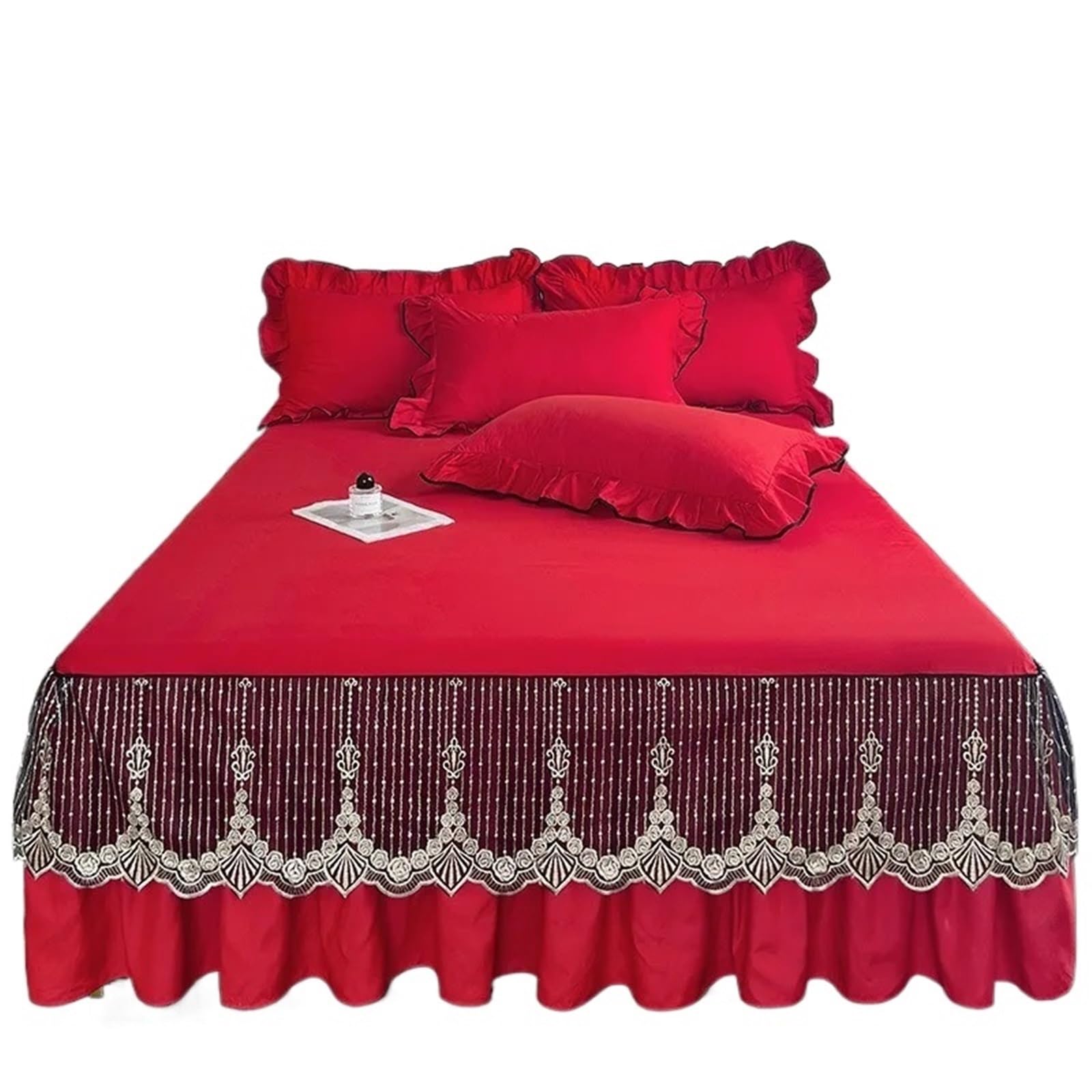 3 Pcs Lace Knit Bed Skirt Solid Color Queen King Bedspread On The Ruffle Home With Pillowcases(Red,3 pcs 180x200cm)