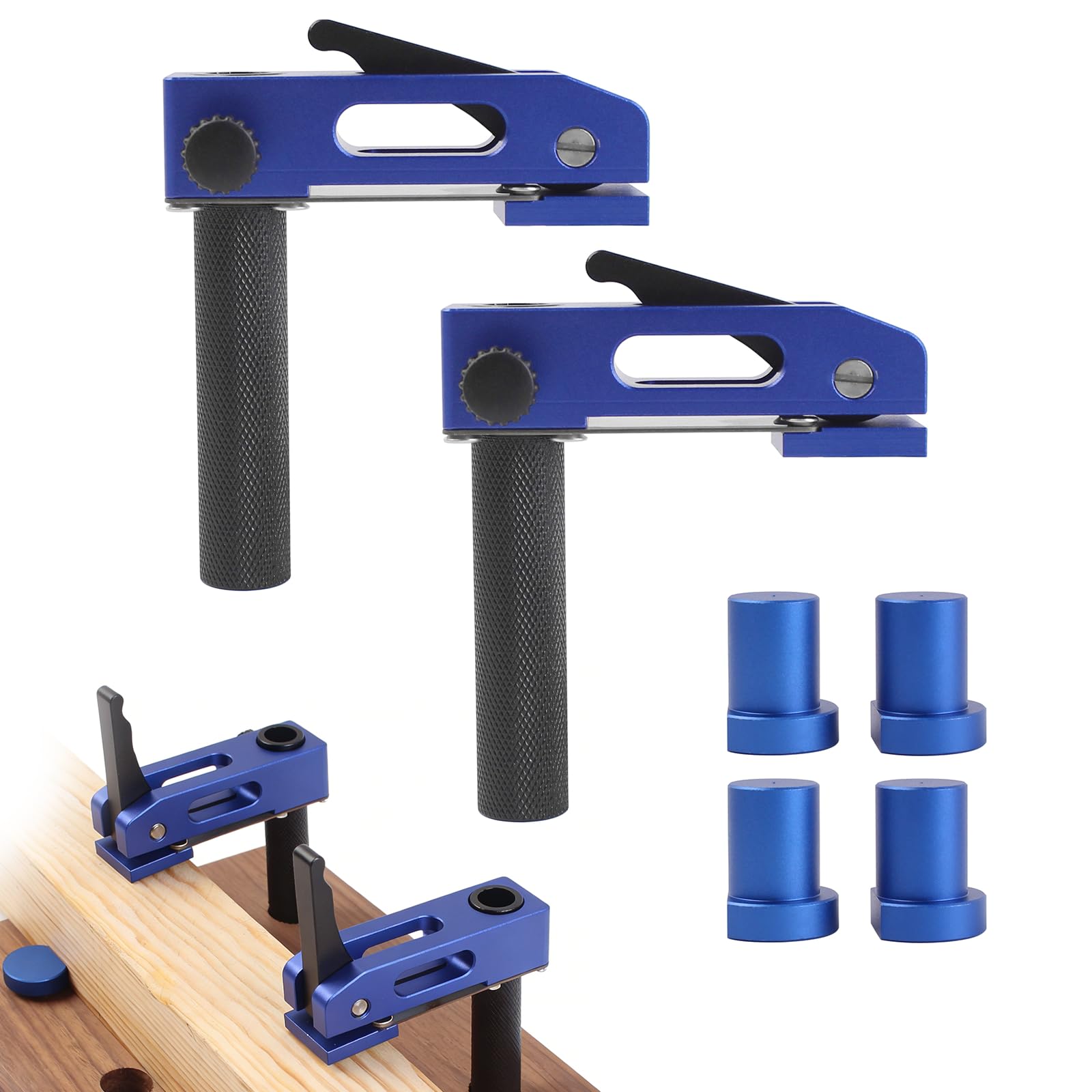 TRUTOPWAY Bench Dog Clamp, 20mm Dog Hole Clamp - Aluminum Alloy Quick Acting Hold Down Clamps for Woodworking, 3-Speed Adjustable, Non-Marring Blue Benchtop Accessories for Carpenters
