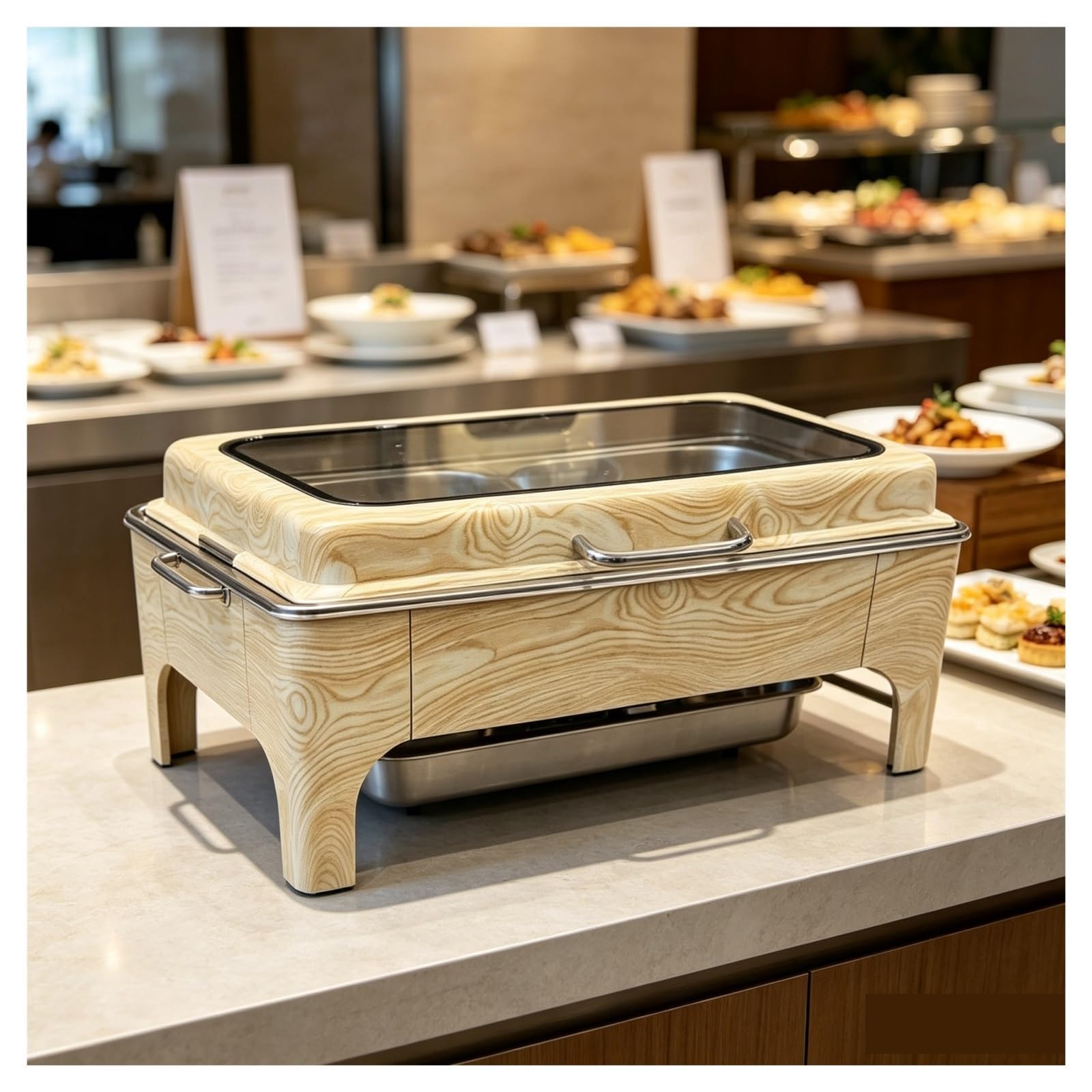 Servidor de buffet rectangular con plato de abejorro de grano de madera