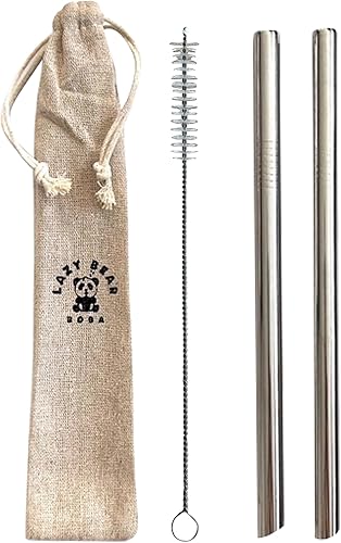 Miniatura 1 de 2 pajitas de metal reutilizables con punta en ángulo, 2 popotes para té de burbujas, perlas de tapioca, boba, batidos, 1 cepillo de limpieza y 1