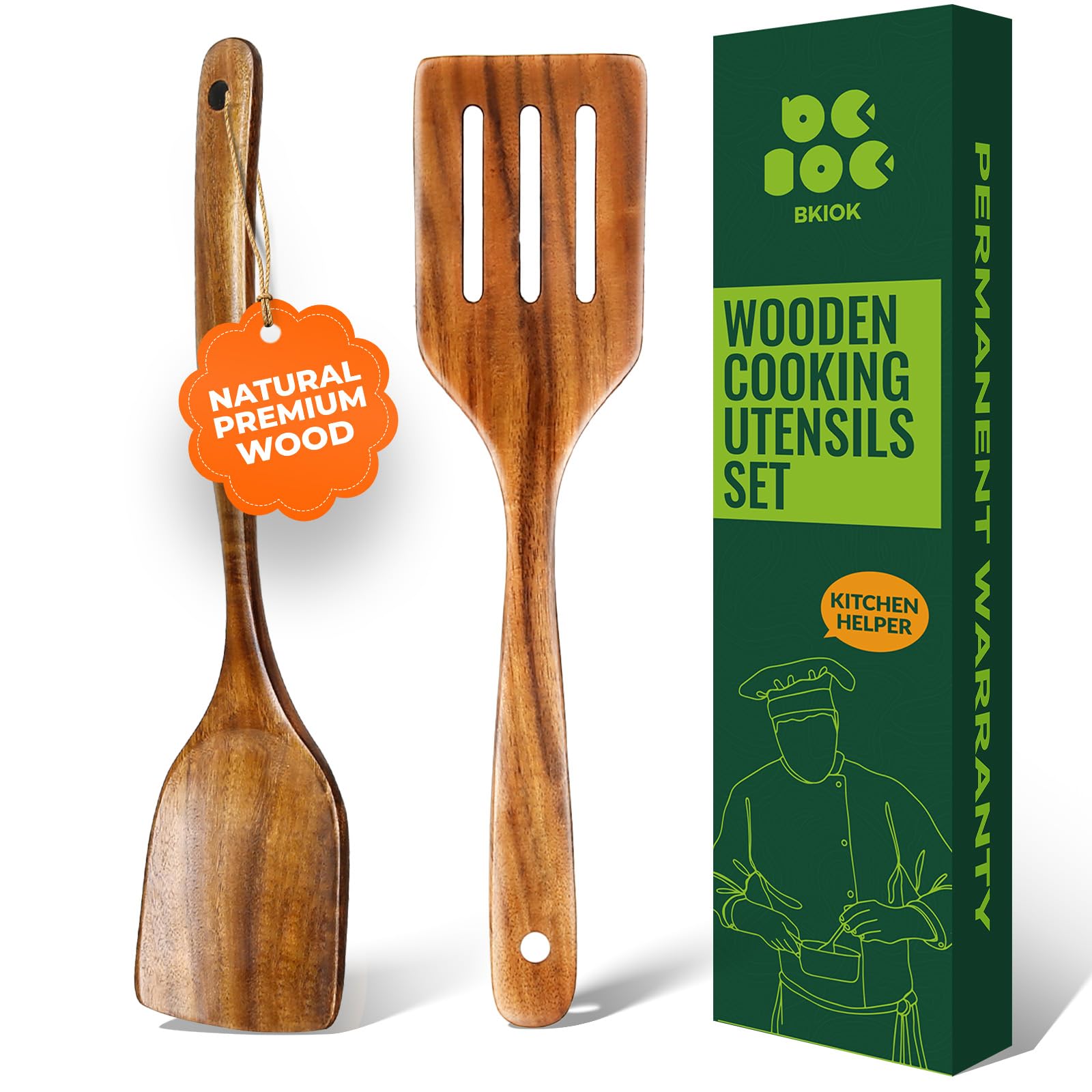 Bkiok Wooden Spoon for Cooking, Handmade Teak Wood Kitchen Utensil Set, Flat Turner and Slotted Spatula for Non-Stick Pans, Sautéing, and Flipping(2Pcs)