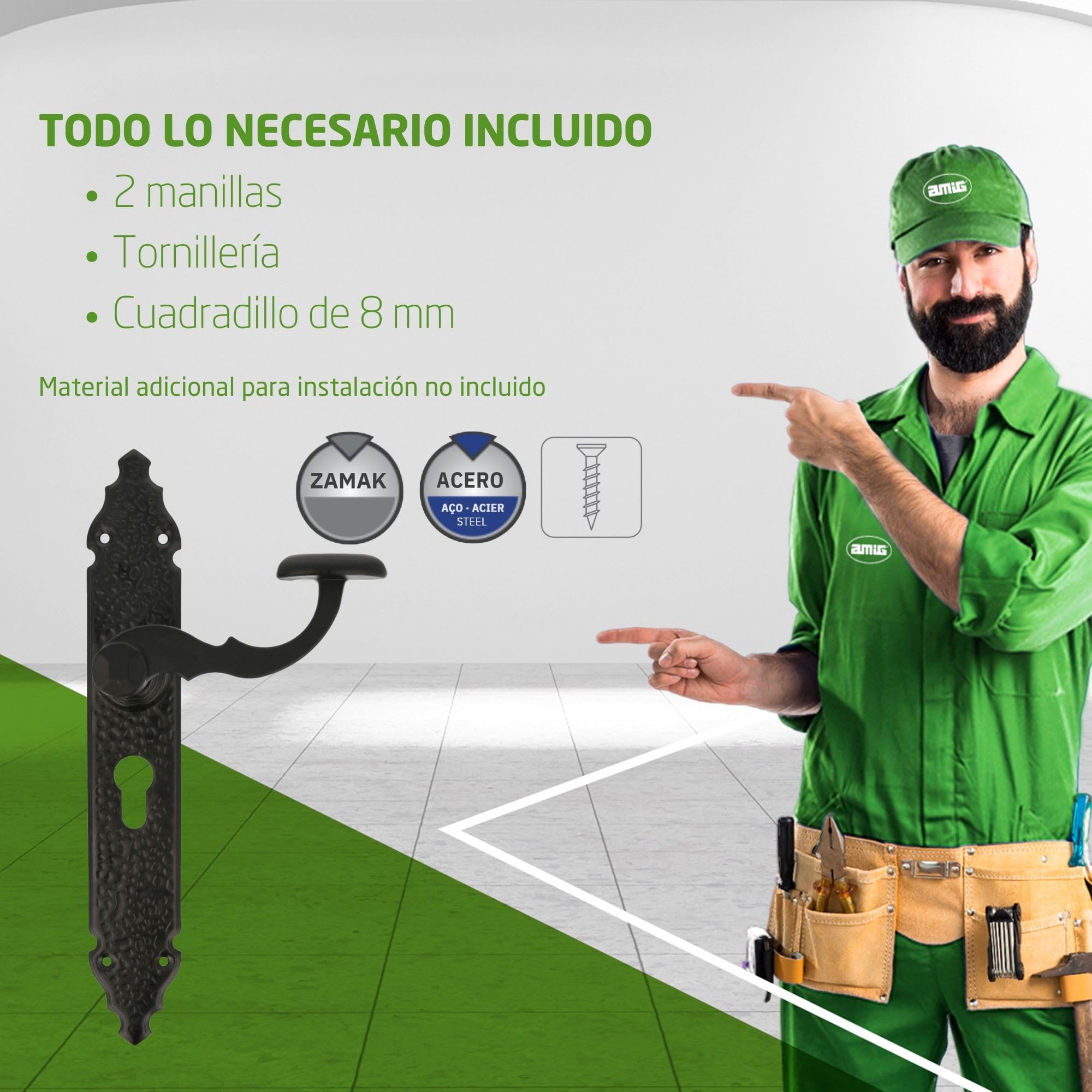 Amig - Juego de 2 Manillas para Puertas de Paso Mod.100PB85-280 x 45 x 3,5 mm - Cuadradillo 8 mm - Para Uso Con Cerraduras De Embutir - Tipo Forja - De Zamak Acabado en Negro
