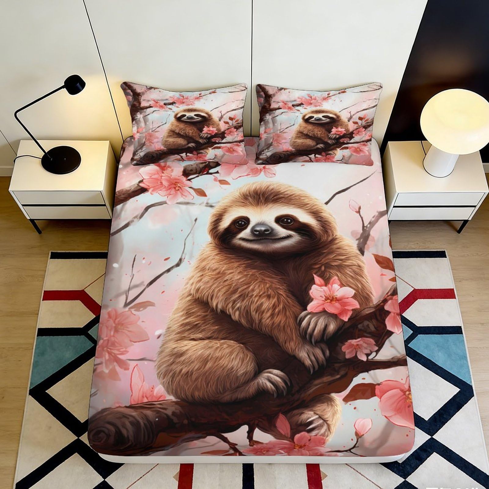 Dhbaneiok Style-1 3D Printed Sloth Cherry Blossom Fitted Sheet Microfiber Soft Pink Animal Mattress Cover Bedroom Decor Dorm Room 90X200x25cm