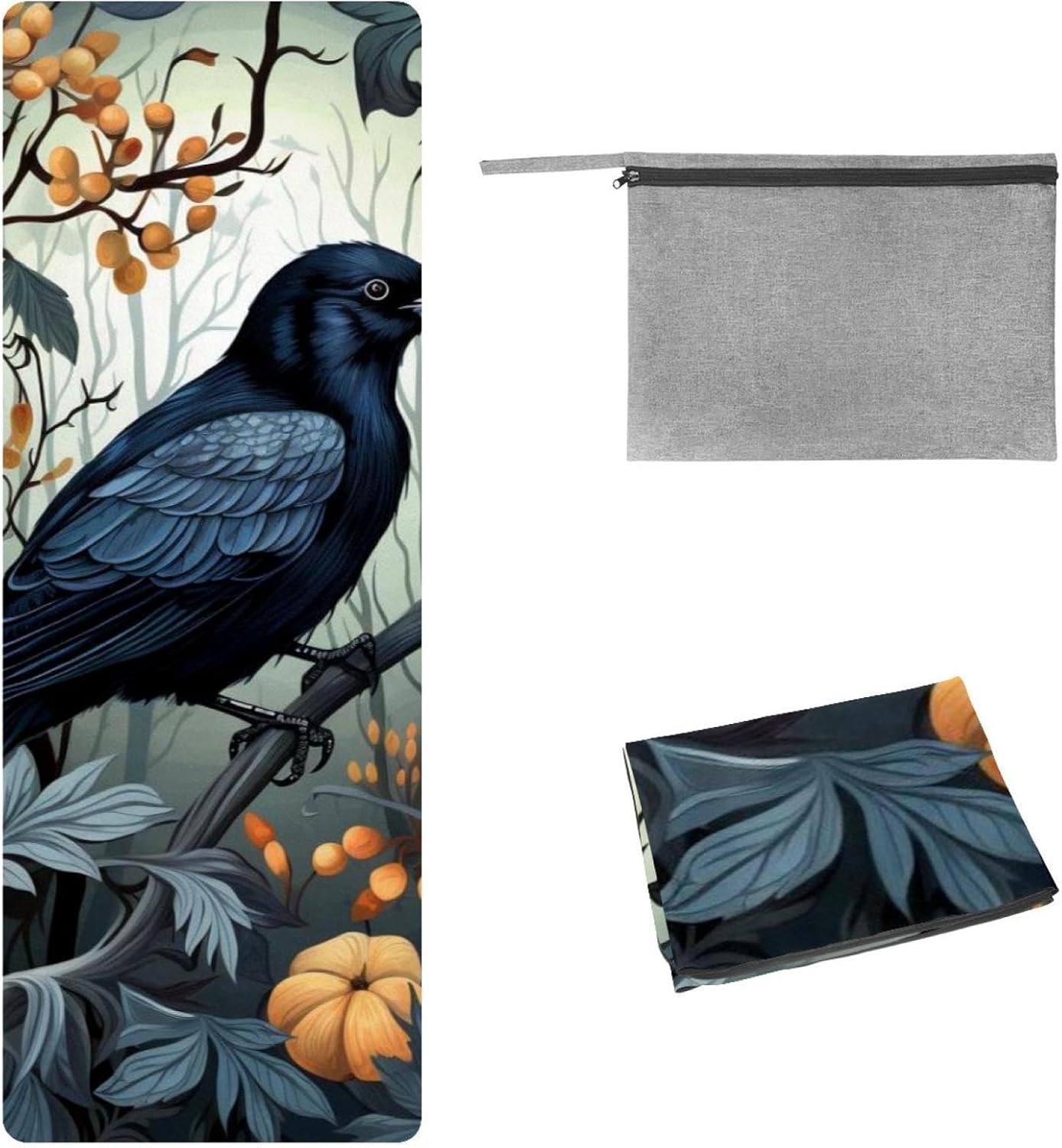 Yoga Towel, Black Crow Pattern Non Slip Sweat Absorbent Hot Yoga Mat Towel for Hot Yoga, Pilates and Fitness - 72.8" x 26.8"