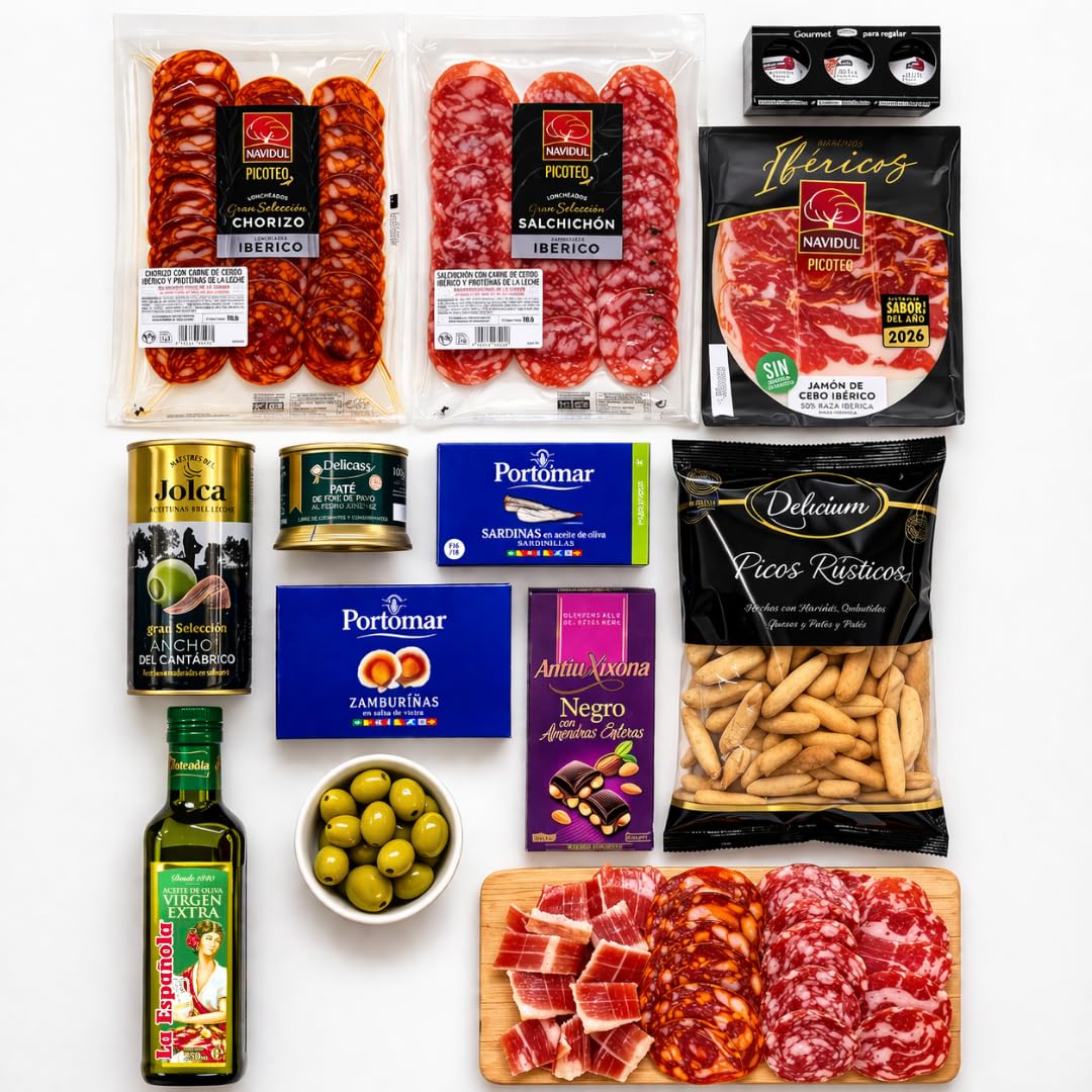 Cesta Gourmet para Regalar FAMILYCOM con Ibéricos, Aceite de Oliva, Chocolate, Jamón y Zamburiñas