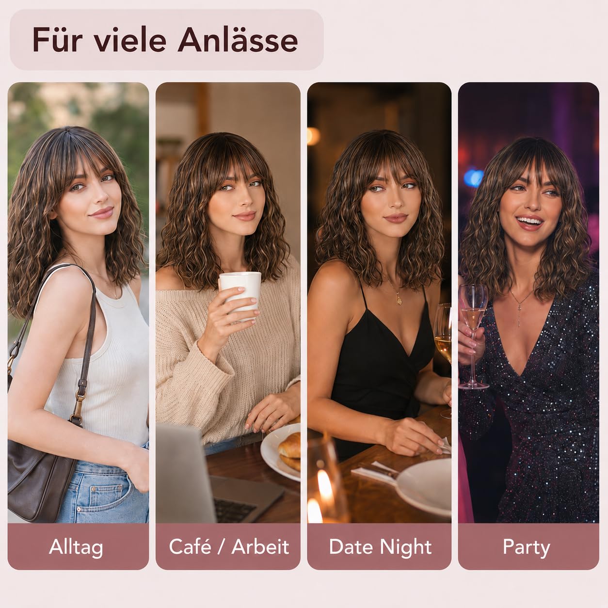 40 cm Body Wave Perücke mit Pony, Dunkelbraun-Honigblond Balayage Highlights, 100% Echthaar Perücke für Frauen, Weiche Wellen, Färbbar & Blondierbar, Pflegeleicht für Alltag und Party