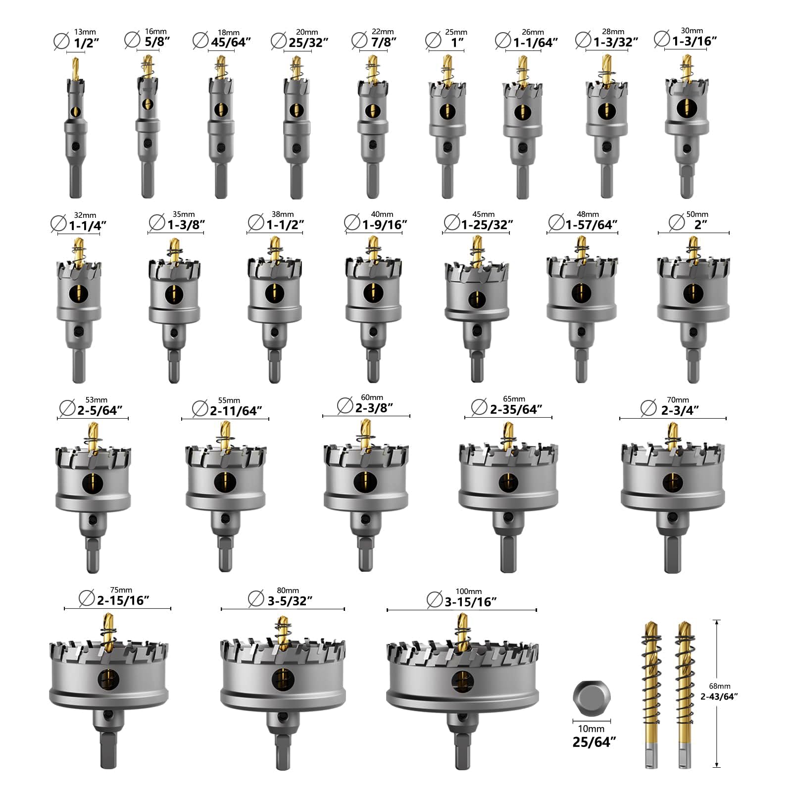 GSTK - Juego de 26 sierras de corona de carburo de tungsteno muy resistentes para metal, hierro y acero inoxidable, 24 sierras de campana con 2 brocas centrales piloto adicionales