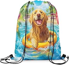 Erosebridal Cute Golden Retriever Drawstring Backpack Kawaii Puppy Pet String Bag 13x15.7 Inch Sackpack For Sport Gym Swim Yoga Waterproof Ocean Theme Colorful Animal Foldable Summer Holiday Vacation
