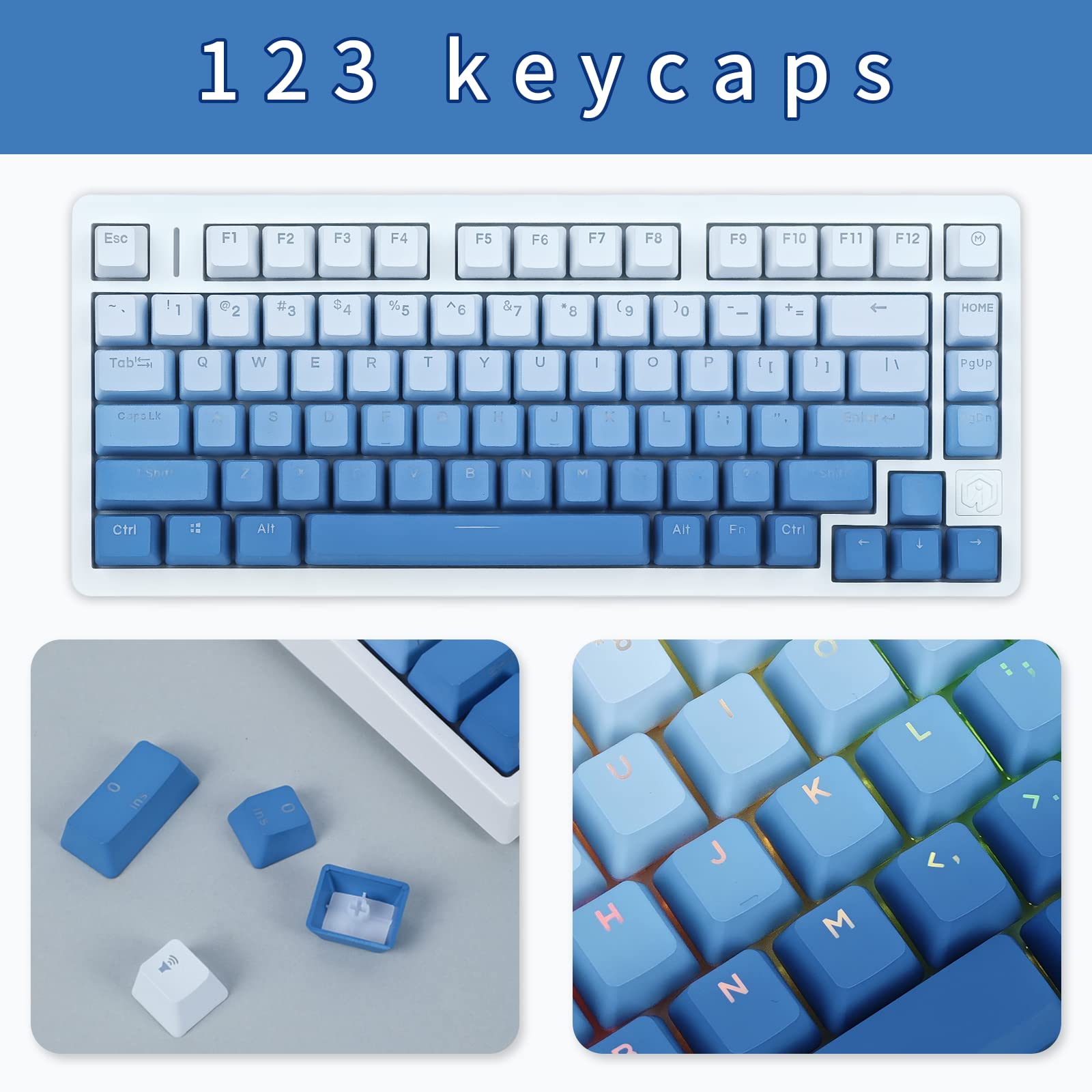 JOLINTAL 123 Keys Gradient Blue Keycaps, PBT Double Shot Dying