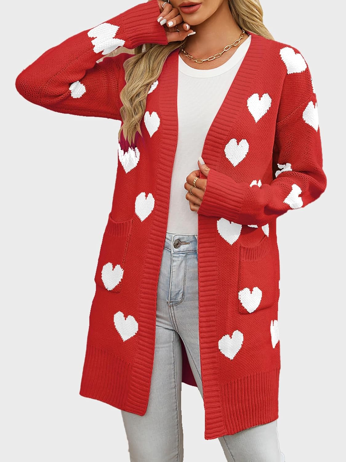 HOULENGS Women's Cute Heart Long Cardigan Sweaters V Neck Ribbed Knit Open Front Sweater Coats with Pockets - Image 4