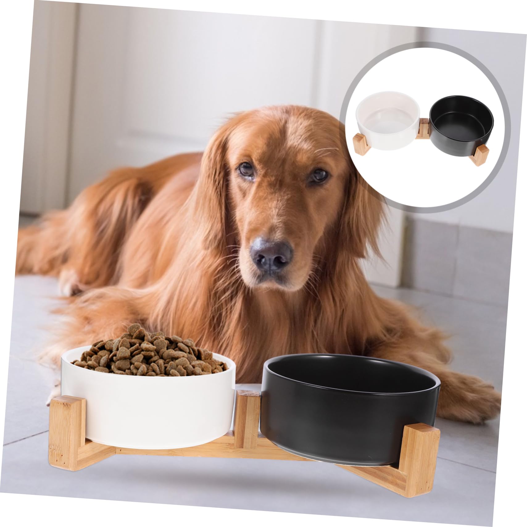 Toddmomy 1juego Comedero De Cerámica Doble con Soporte De Madera Antideslizante para Perros y Gatos para Comida y Agua Mediano Diseño Práctico y Seguro
