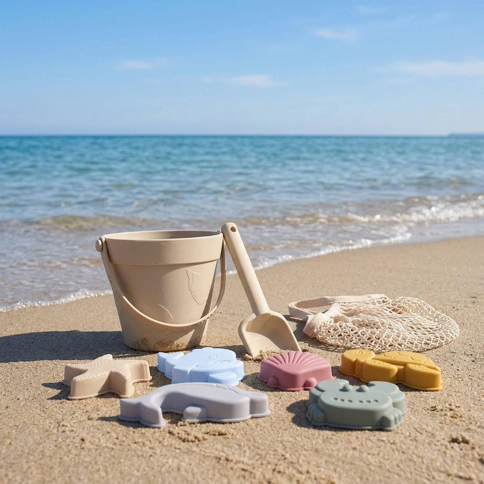 Set di Giochi Sensoriali da Spiaggia in Silicone, Sabbiera Portatile per Bambine, Giocattolo per Scavare, Beige Bianco