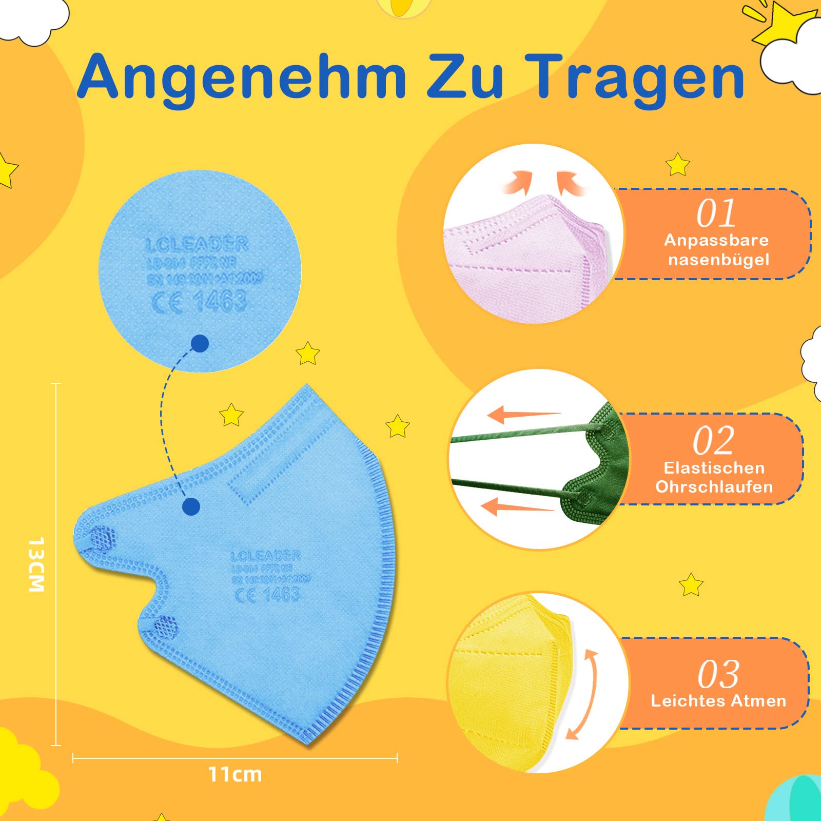 FFP2 Masken Bunt Kleine Größe, Mundschutzmasken Farbig Einzeln Verpackt, Komfortable Sitzende Schutzmasken, 5 Filterlagen Faltbar Staubmaske für Kleine Gesichter 20 Stück
