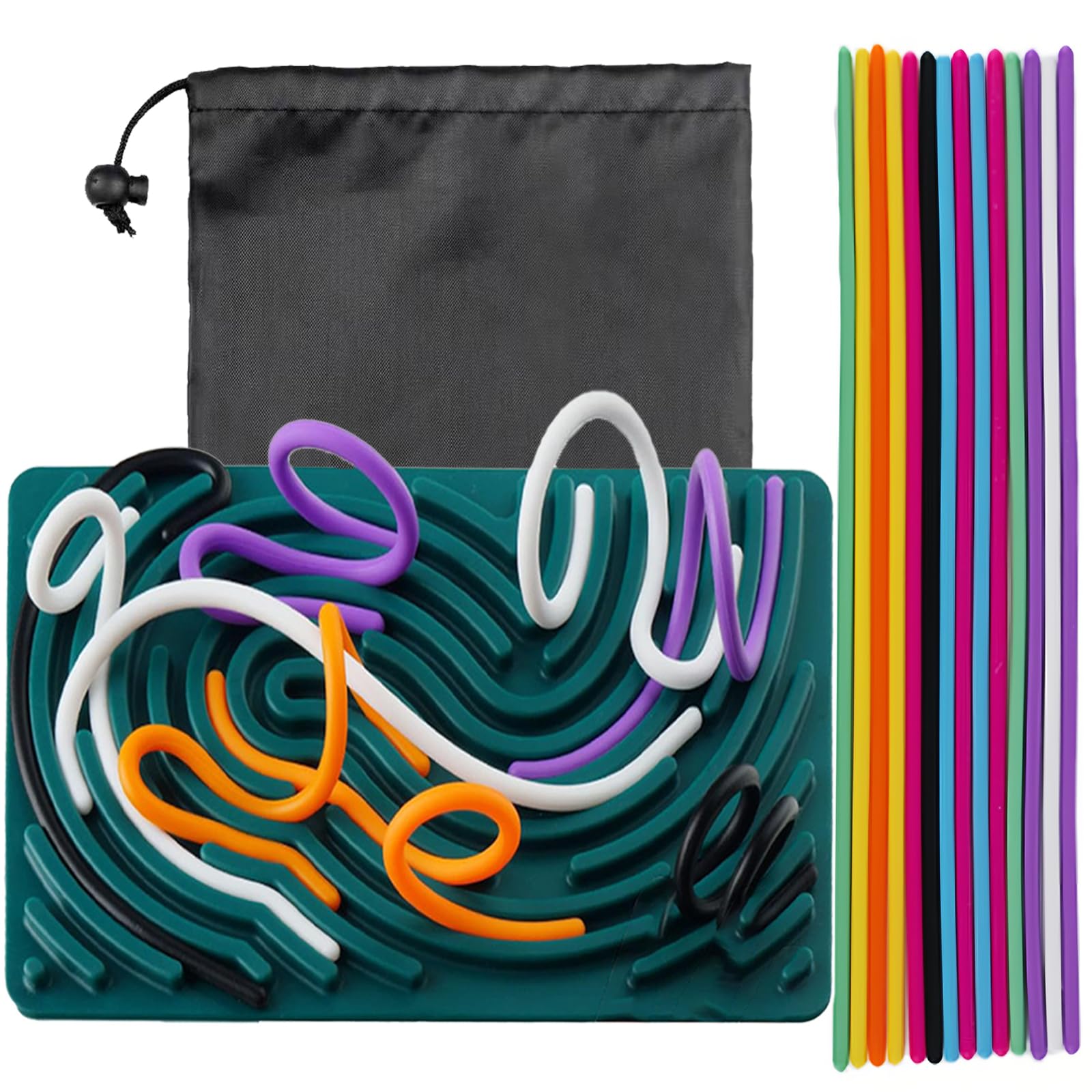 SSKHE Sensory Activity Board, Silicone Fidget Toys with Portable Bag and 20 Strings,Calming, Focus, ADHD and Autism