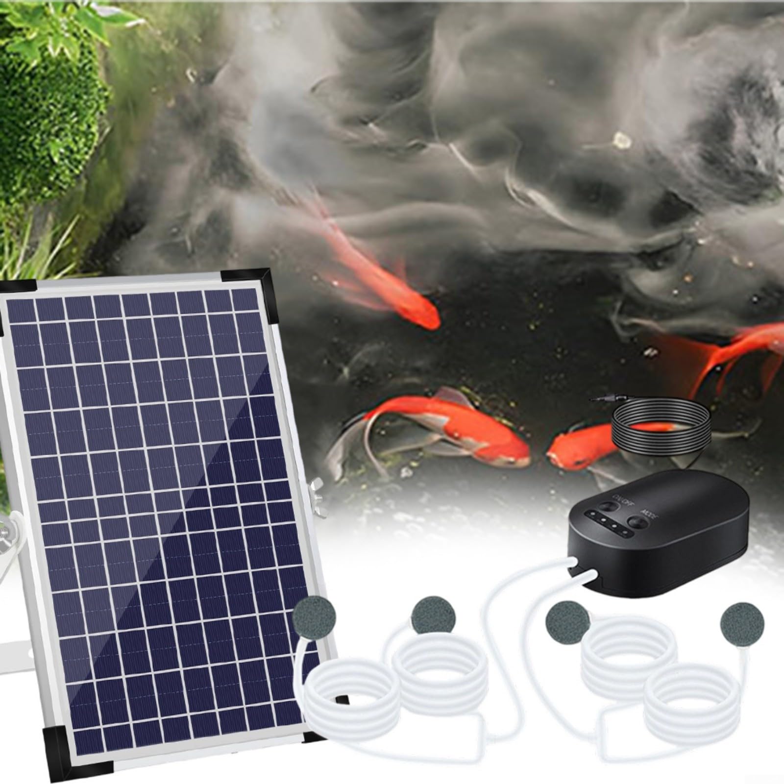 10W 10V Solar Teichbelüfterpumpe mit 4400mAh Akku und 3 Betriebsmodi, inklusive 4 Ausströmersteinen Gartenteiche und Aquarien