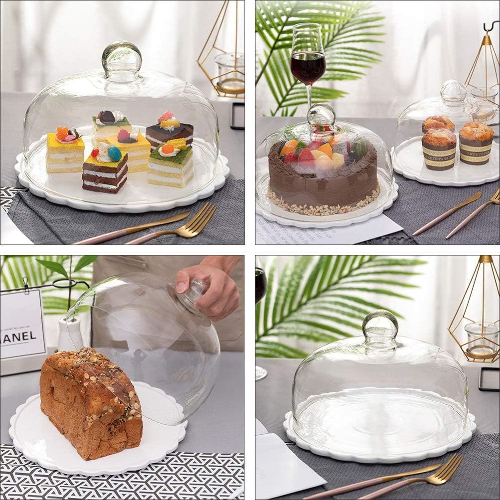 DOITOOL Ceramic Cake Plate with Glass Dome Glass Dessert Holder Clear Cupcake Stand Decorative Serving Tray Dish Rack for Fruit Dessert Cake White