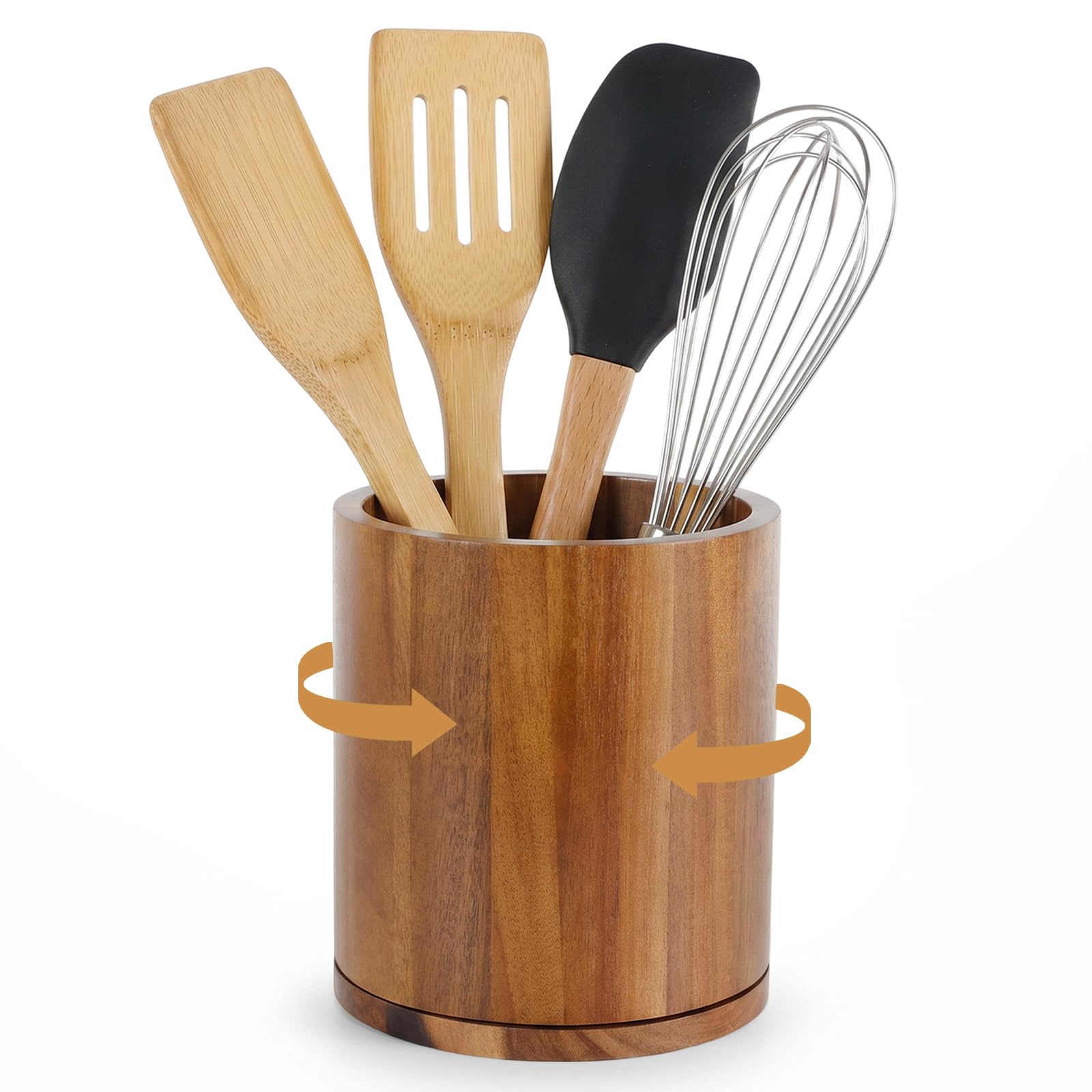 Portautensili da Cucina in Bambù Girevole 360°, 18.5×15.5×15.5cm, Impermeabile, Portautensili per Utensili da Cucina con Spazio 10-15 Utensili per Bancone da Cucina.