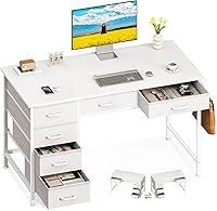 ODK 40 Inch Computer Desk with 6 Drawers, Reversible Storage Shelf, Headphone Hook - White Home Office Study Table