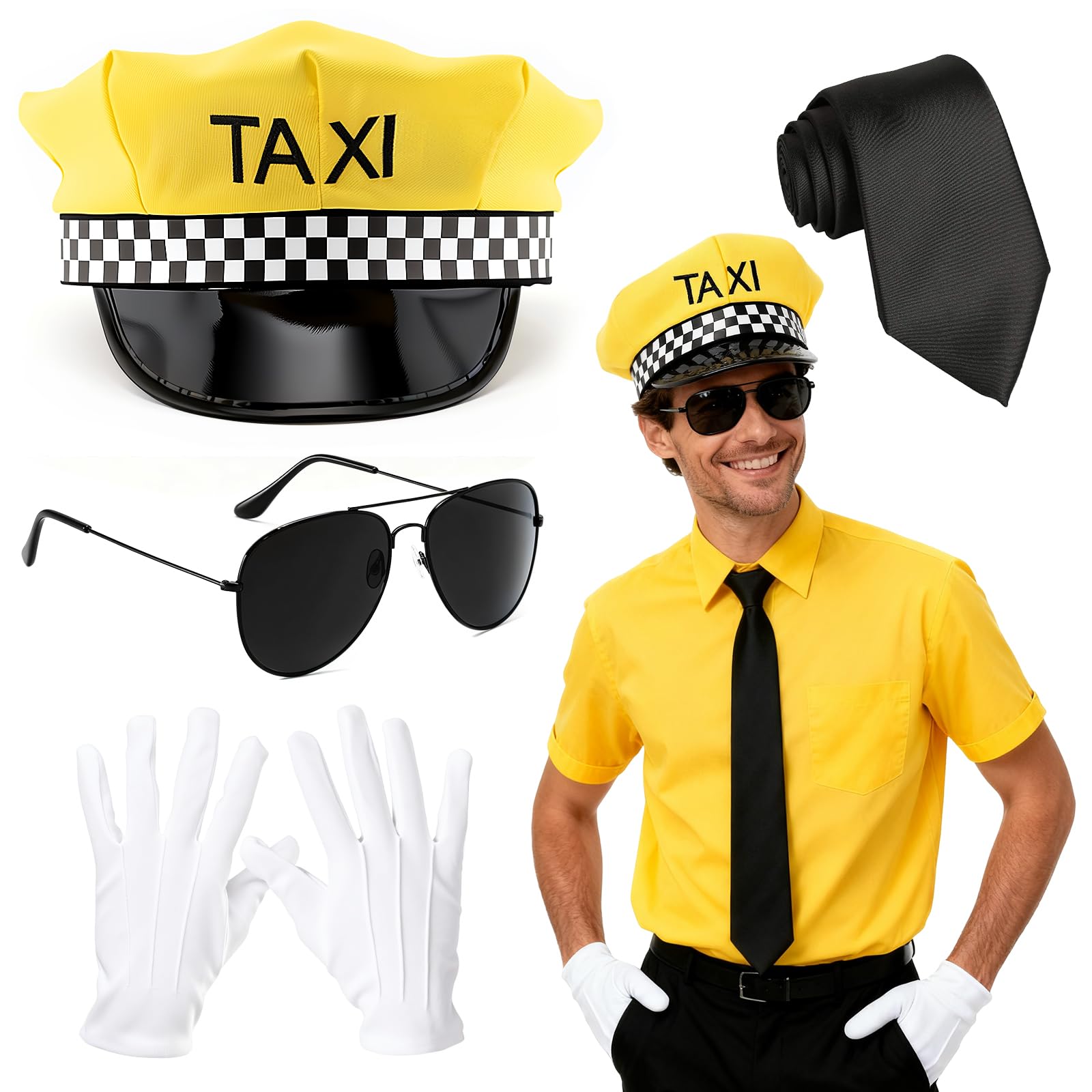 4pcs Chauffeur Costume Accessories Set,Taxi Driver Costume Set including Yellow Taxi Hat Sunglasses White Gloves & Black Tie for Fancy Dress Halloween Stage Performance Role Play & Party Cosplay