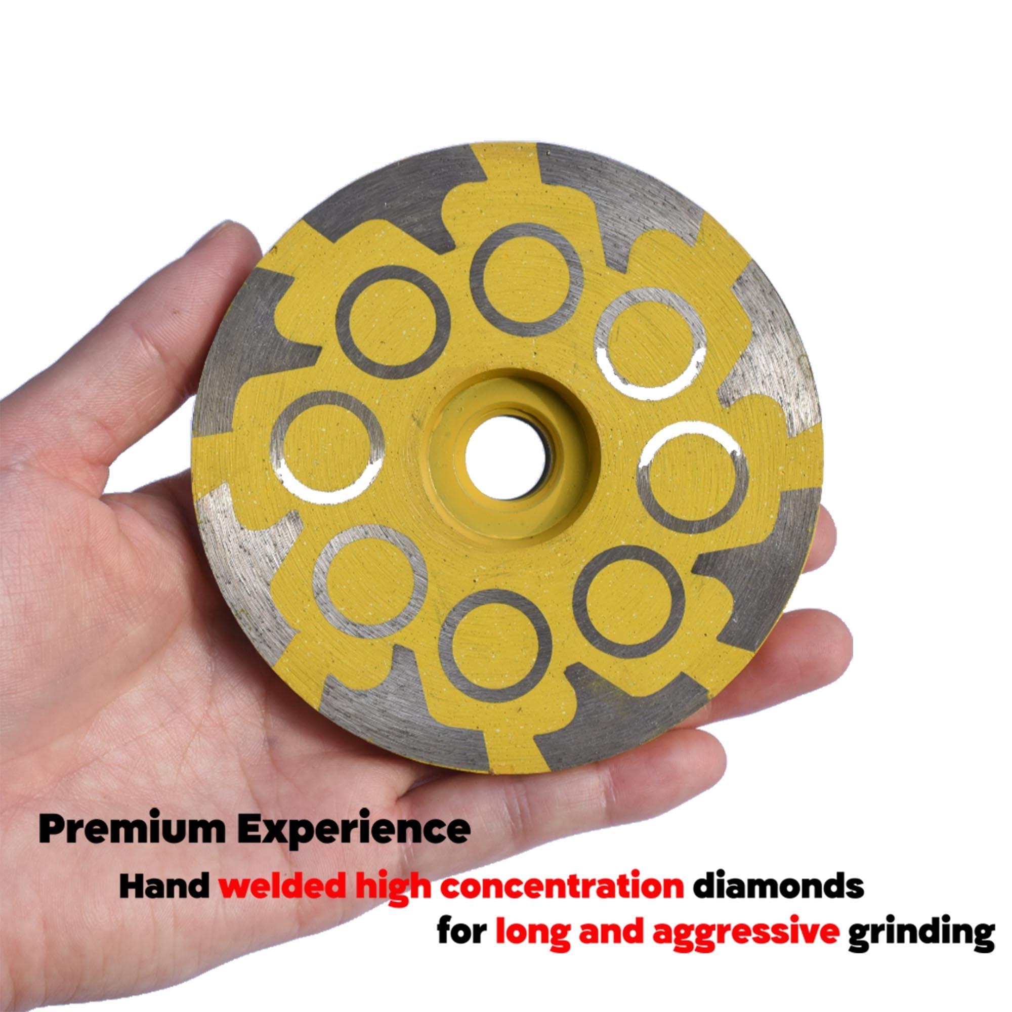 4 inch.x 5/8-11 in. Sin relleno de resina de rebote Rueda de molienda de copa de diamante para molienda de superficie de piedra de hormigón, Segmentos T Muela de diamante sin virutas lisas